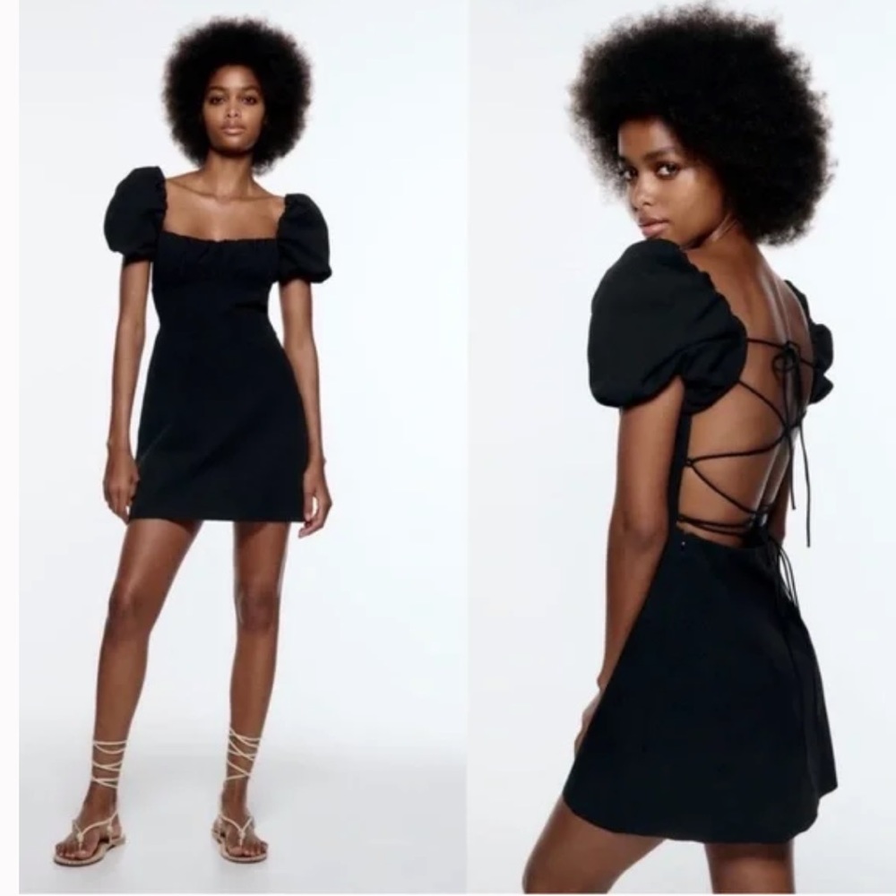 Zara Strappy Black puff sleeve mini dress